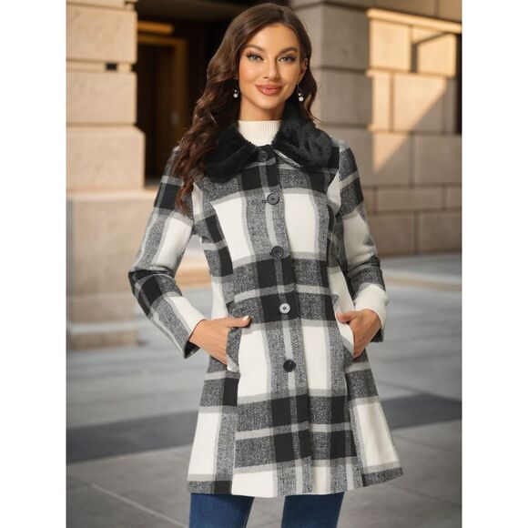 Women's Buffalo Checks Winter Peter Pan Collar Long Plaid Coat Black White - Picture 2 of 6